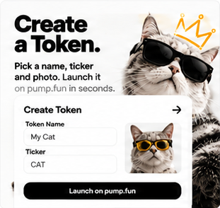 Create a Token. Pick a name, ticker and photo. Cat in sunglasses beside a token form.